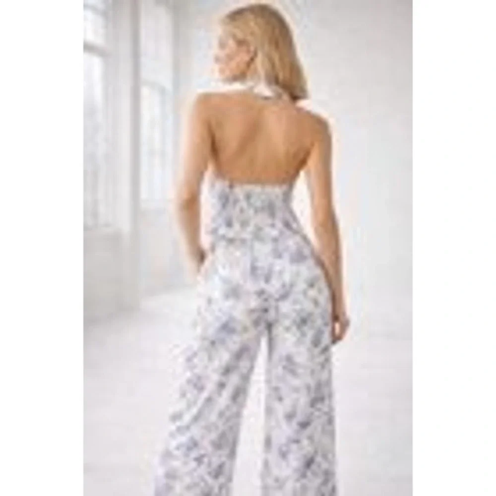 Jason Wu Floral Toile Linen Blend Halter Vest Wide Leg Pants Set Blue White 8 - Picture 4 of 14